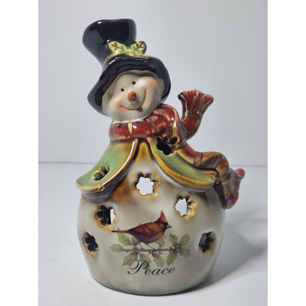 Kirkland Signature Ceramic Snowman Tealight Candle Holder Peace Cardinal 5.5"